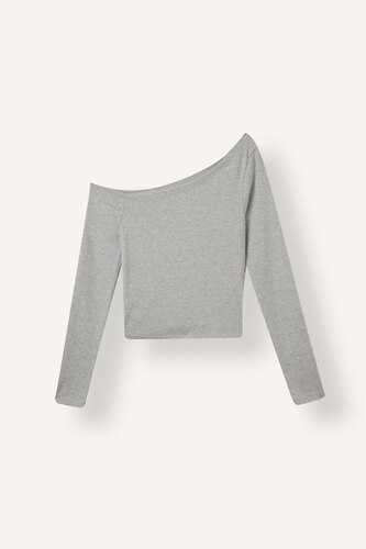 T-shirt à manches longues en côtelé froncé à col bateau Coupe ajustée