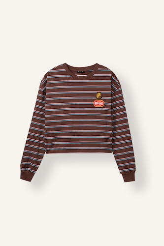 Kadın Kahve %100 Pamuk Loose Fıt Baskılı Çizgili Sweatshirt