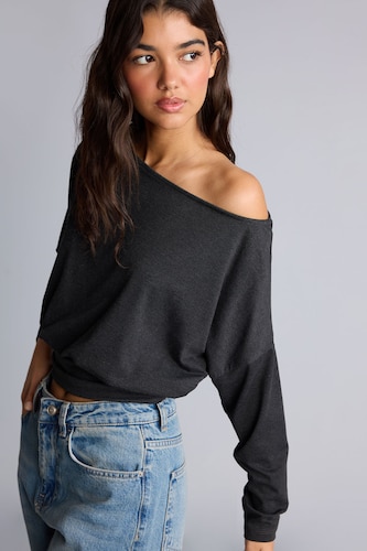 Women Anthracite Loose Fit Viscose Long Sleeve T-Shirt