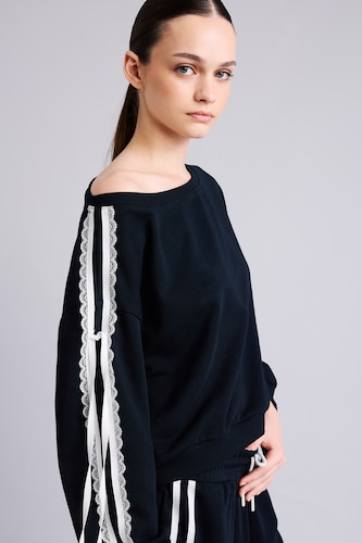 Kadın Lacivert Loose Fit Dantel Şeritli Basic Sweatshirt