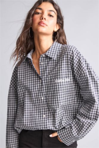 Women NAVY Oversize Fit Wowen Fabrics Long Sleeve Shirt