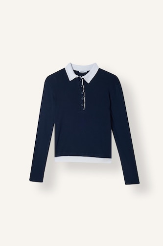 Slim Fit Kontrast Polo Ribana Basic Tişört