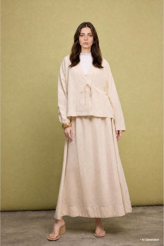 Women Stone Beige Linen A-Line Maxi Skirt