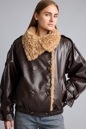 Kadın Kahve Peluş Yakalı Oversize Suni Deri Mont