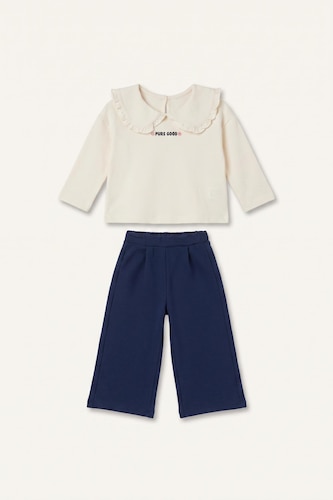Girl 100% Cotton Long Sleeve Top and Wide Leg Elastic Waist Bottom Set