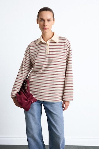 Kadın Ekru Polo Yaka Çizgili Relax Fit Tunik
