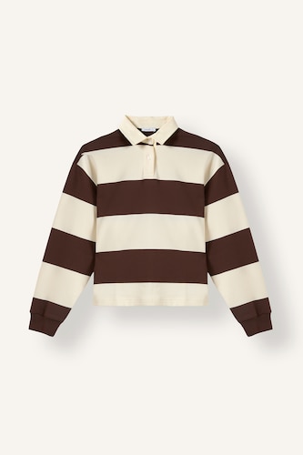 Kadın Kahve Long Fit Polo Yaka Çizgili Sweatshirt