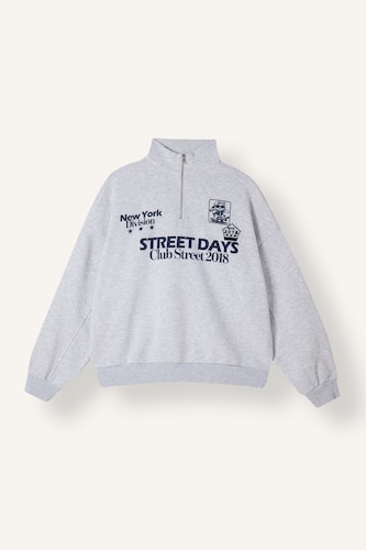 Kadın Açık Gri Melange Oversize Yarım Fermuarlı Baskılı Sweatshirt