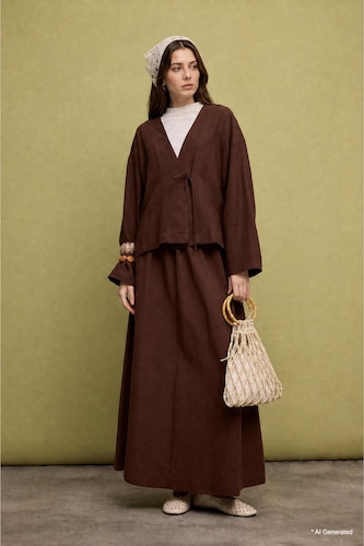 Women Brown A-Length Linen Long Maxi Skirt