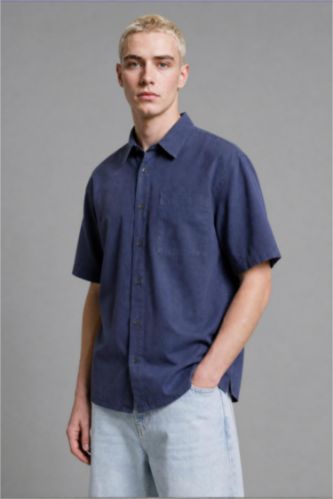 Men Blue Boxy Fit Gabardine Short Sleeve Shirt
