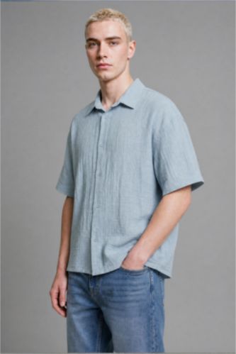 Men Blue Boxy Fit Muslin Short Sleeve Shirt