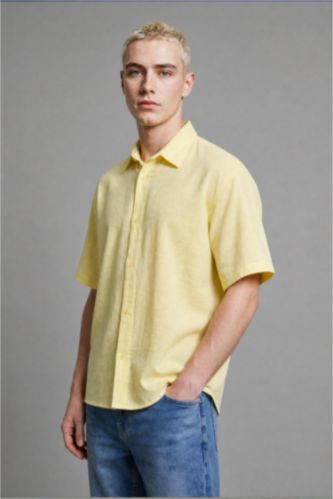 MAN Yellow Boxy Fit Embroidered Muslin Short Sleeve Yellow Shirt