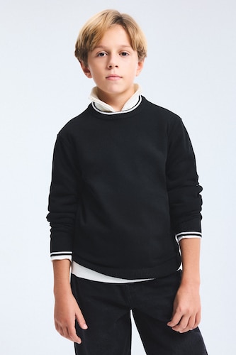 BOYS & TEENS Black Boy Regular Fit Striped Detail Knit Pullover