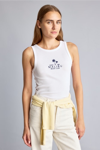 WOMAN White Fitted Palm Print Crew Neck Ribbed Tank Top