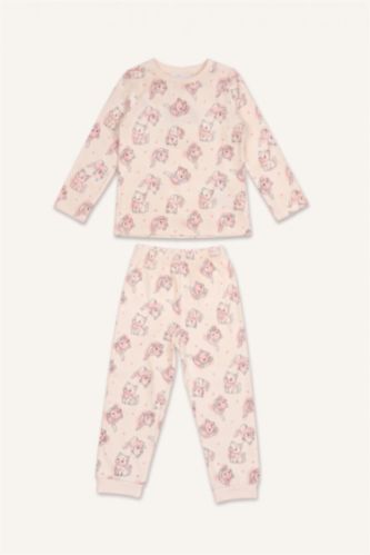 Kız Bebek Ekru %100 Pamuk Baskılı Uzun Kollu Pijama Üstü Esnek Belli Alt 2'li Pijama Takımı Kız Bebek