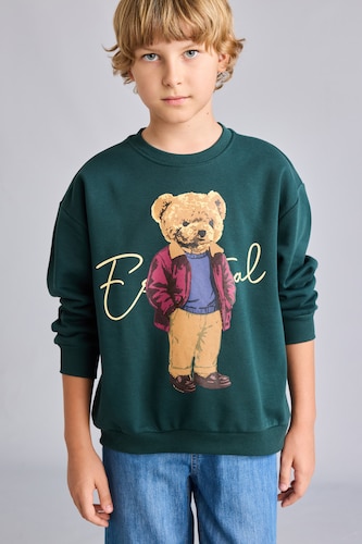 Erkek Çocuk - Genç Erkek Koyu Yeşil Oversize Ayıcıklı Sweatshirt Erkek Çocuk