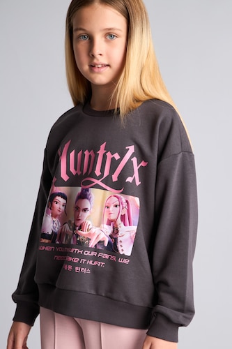 Kız Çocuk - Genç Kız Antrasit Kpop - Demon Hunters Relaxed Fit Sweatshirt Kız Çocuk