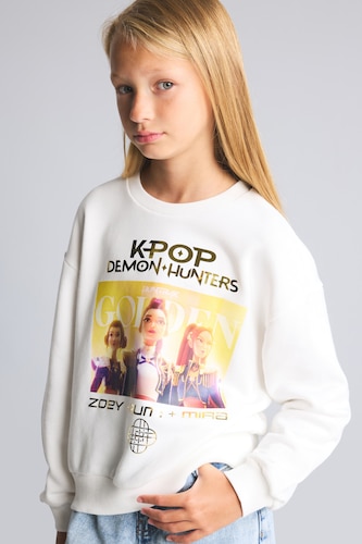 FILLES Écru Sweatshirt imprimé Kpop - Demon Hunters à col rond pour fille Coupe décontractée