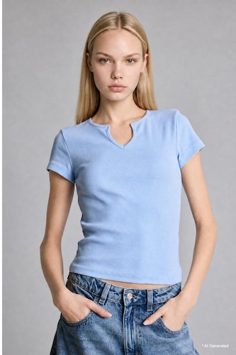 Women Light Blue Fitted Fit Light Blue Basic Short Sleeve T-Shirt