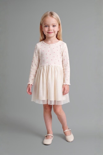 BABY GIRL Ecru Baby Girl Cotton Embroidered Long Sleeve Ribbed Dress