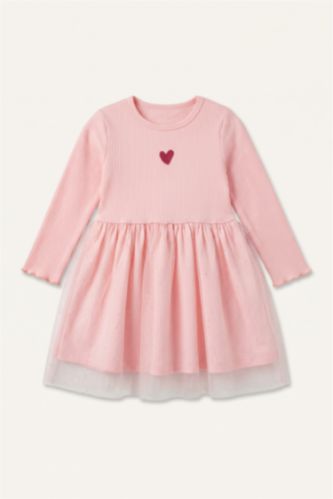 Kız Bebek Açık Pembe Pamuklu İşlemeli Uzun Kollu Fitilli Elbise Kız Bebek