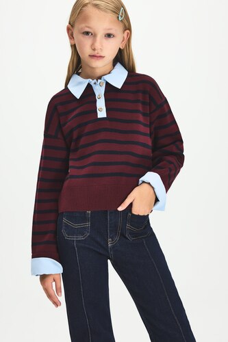 Girl Relax Fit Striped Polo Collar Pullover