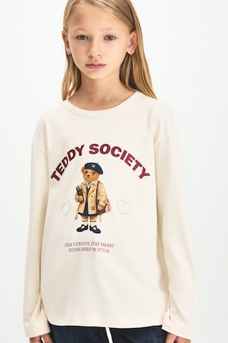 Girl 100% Cotton Teddy Bear Print Crew Neck Long Sleeve T-Shirt