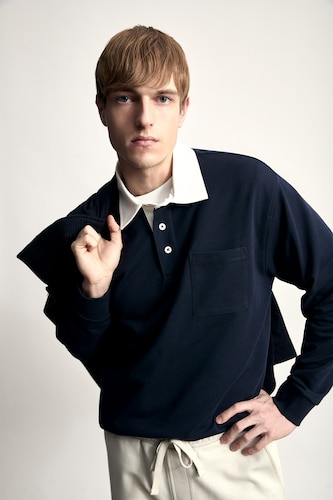 Erkek Lacivert Relaxed Fit Kontrast Polo Yaka Sweatshirt