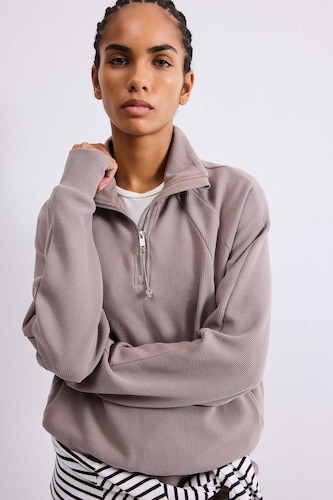 Yarım Fermuarlı Waffle Dik Yaka Basic Sweatshirt