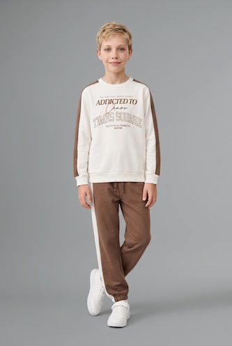 Young Boys - Teen Boys Light Brown 2 piece Oversize Fit Crew Neck Slogan Set