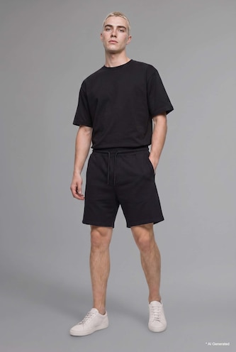 HOMME Noir T-shirt basic à manches courtes et col rond Coupe ample