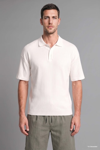 Boxy Fit Ribbed Buttoned Polo Collar Short Sleeve T-Shirt