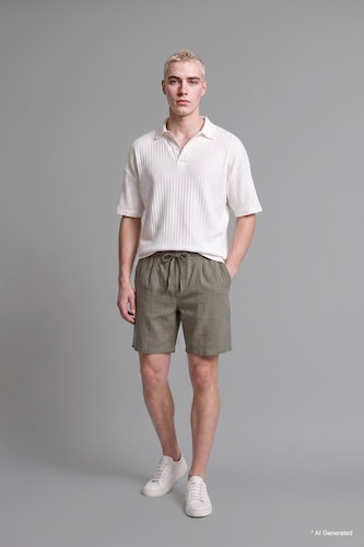 Men Light Khaki 100% Cotton Relax Fit Elastic Waist Shorts