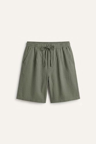 Relaxed Fit Khaki 100% Cotton Elastic Waist Bermuda Shorts