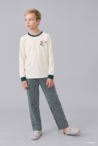 BOYS & TEENS Ecru Boy Printed Crew Neck Long Sleeve Top and Striped Trousers Pyjama Set