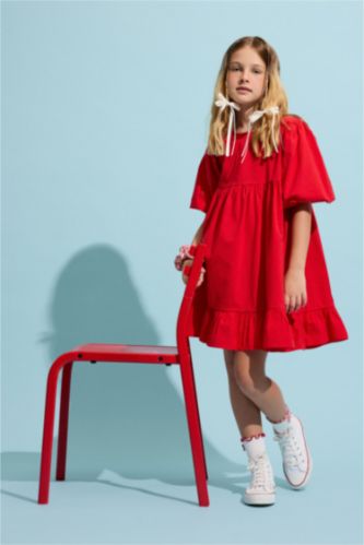GIRLS & TEENS Red فستان بناتي احمر بوبلين نص كم