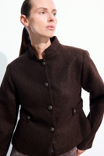 WOMAN Brown Stand Neck Buttoned Tweed Long Sleeve Shirt