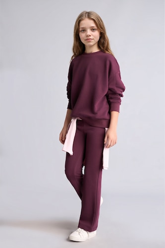 Kız Çocuk - Genç Kız Koyu Mor Sweatshirt ve Pantolon Kız Çocuk 2'li Takım