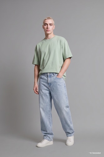 Erkek Açık Mavi %100 Pamuk Super Baggy Fıt Jean Pantolon