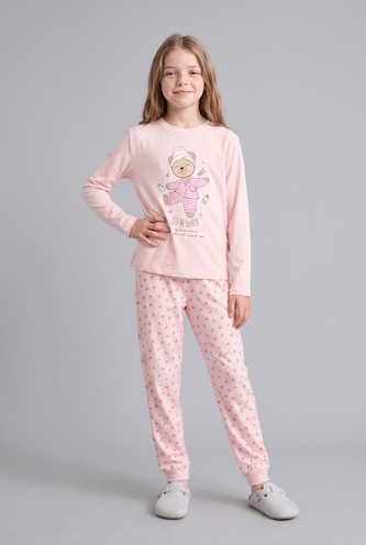 Kız Çocuk - Genç Kız Açık Pembe %100 Pamuk 2'li Pijama Takım Baskılı Kız Çocuk