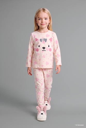 Baby Girl Ecru Baby Girl 100% Cotton Printed Long Sleeve Top and Pants 2-Piece Pyjama Set