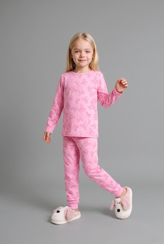 Kız Bebek Ekru 2'li Pijama Takımı Fiyonk Desenli Kız Bebek