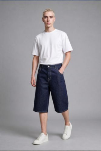 Erkek Koyu Mavi Süper Baggy Fit Bermuda Jean Şort