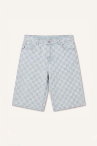 Erkek Açık Mavi Baggy Fit Kareli Bermuda Şort