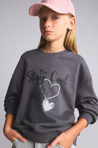 FILLES Anthracite Sweatshirt imprimé à col rond Coupe décontractée pour fille