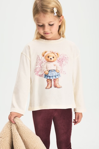 Baby Girl 100% Cotton Teddy Bear Print Crew Neck Long Sleeve T-Shirt