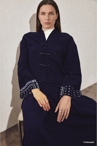 Chemise en lin mélangé à col rond boutonné et manches longues