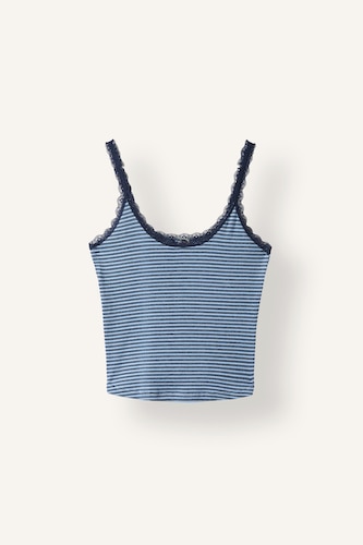 Woman Blue توب مخطط مضلع مفصل بالدانتيل