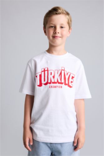 Erkek Çocuk - Genç Erkek Beyaz Bisiklet Yaka Türkiye Baskılı Tişört Erkek Çocuk