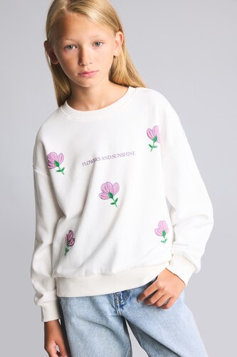 GIRLS & TEENS Ecru Girl Relaxed Fit Embroidered Floral Crew Neck Sweatshirt